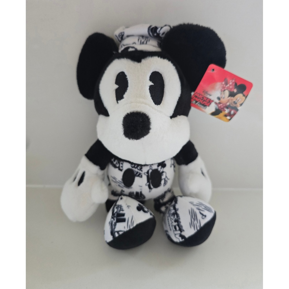 Disney Mickey Mouse Steamboat Willie Black White Comic Print Plush Toy NWT